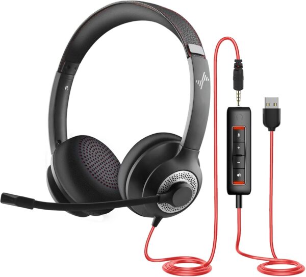 JIAMQISHI USB Headset with Noise-Cancelling Microphone – On-Ear Wired Headphones with In-Line Controls for PC & Laptop (USB + 3.5mm, Black)