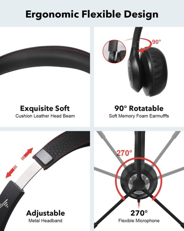 JIAMQISHI USB Headset with Noise-Cancelling Microphone – On-Ear Wired Headphones with In-Line Controls for PC & Laptop (USB + 3.5mm, Black)