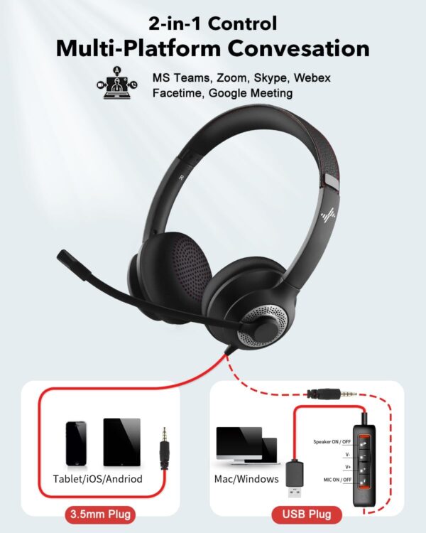 JIAMQISHI USB Headset with Noise-Cancelling Microphone – On-Ear Wired Headphones with In-Line Controls for PC & Laptop (USB + 3.5mm, Black)
