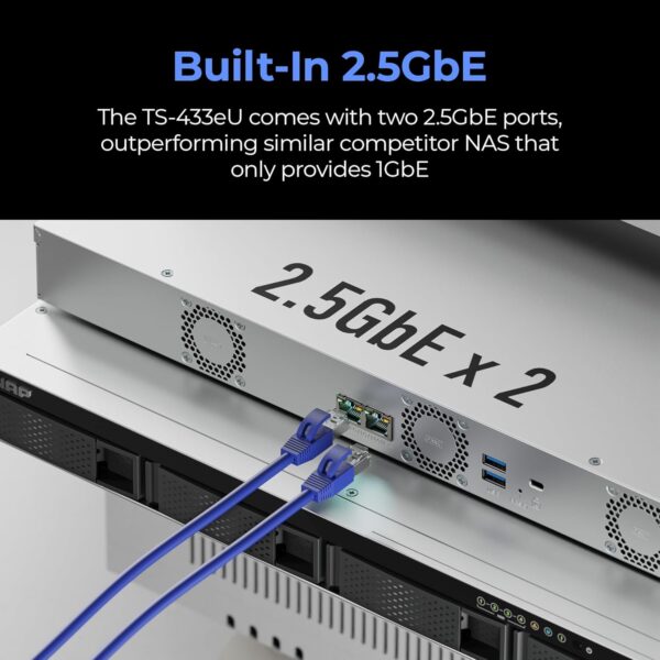 QNAP TS-433eU Compact 1U Short-Depth Rackmount NAS – Dual 2.5GbE, NPU Acceleration, Edge Storage, Diskless