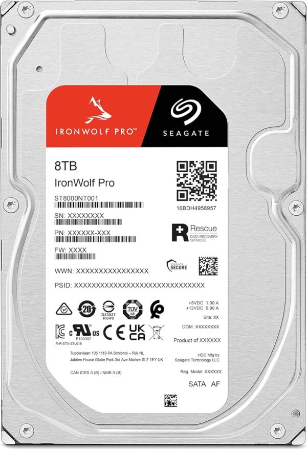 Seagate IronWolf Pro 8TB Enterprise NAS Internal HDD – 3.5” CMR, SATA 6Gb/s, 7200 RPM, 256MB Cache, RAID-Optimized (ST8000NT001)