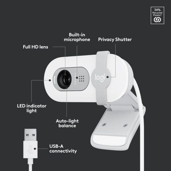 611CYFWua4L._AC_SL1500_ Logitech Brio 100 Full HD 1080p Webcam – Built-in Microphone & Privacy Shutter (White)
