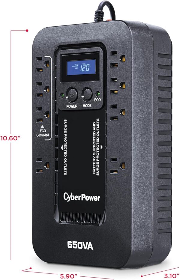 CyberPower EC650LCD Ecologic UPS Battery Backup & Surge Protector – 650VA / 390W, LCD Display, 8 Outlets, ECO Mode