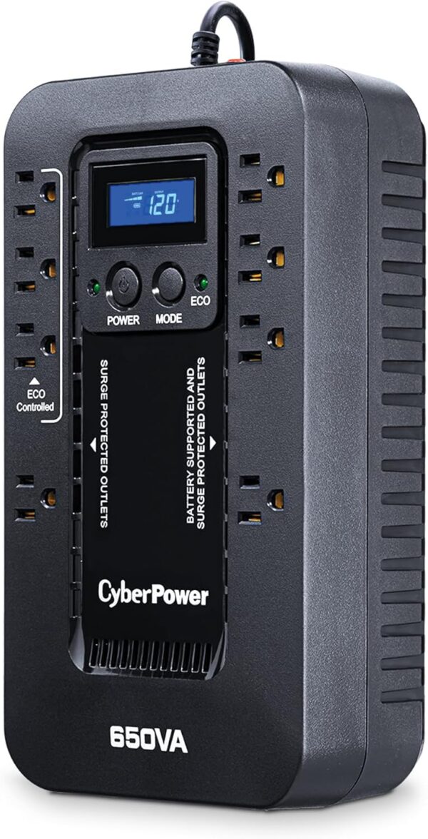 CyberPower EC650LCD Ecologic UPS Battery Backup & Surge Protector – 650VA / 390W, LCD Display, 8 Outlets, ECO Mode