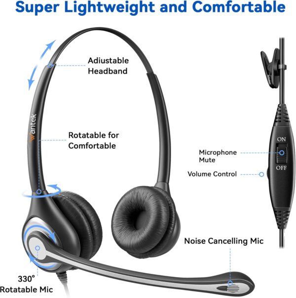 Wantek Headset Telefónico RJ9 con Micrófono Noise Cancelling y Control de Volumen – Compatible con Teléfonos IP y Analógicos