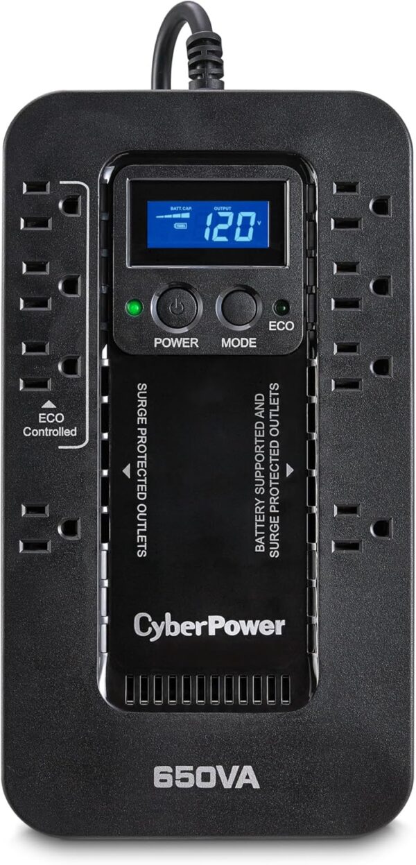 CyberPower EC650LCD Ecologic UPS Battery Backup & Surge Protector – 650VA / 390W, LCD Display, 8 Outlets, ECO Mode
