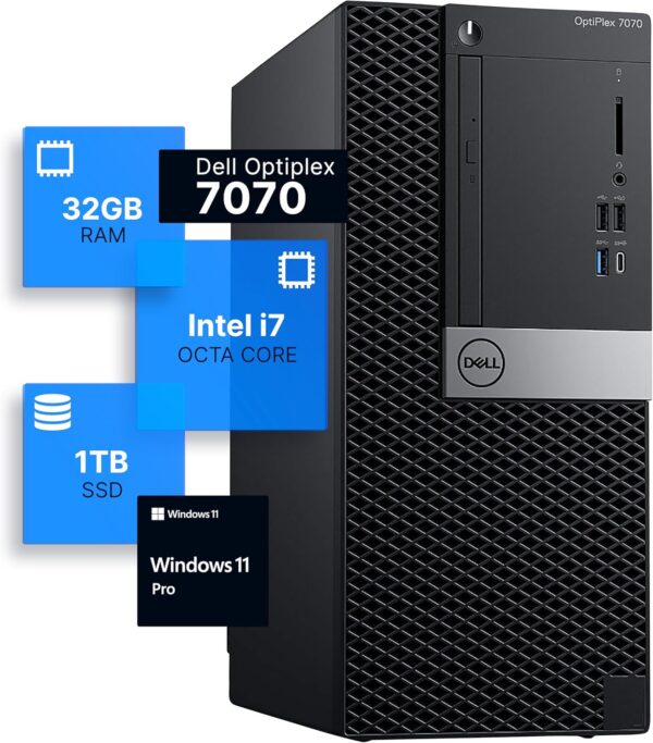Dell OptiPlex 7070 Tower Desktop Computer – Intel Core i7-9700, 32GB DDR4 RAM, 1TB SSD, Windows 11 Pro, Internal Wi-Fi 6 (Renewed)